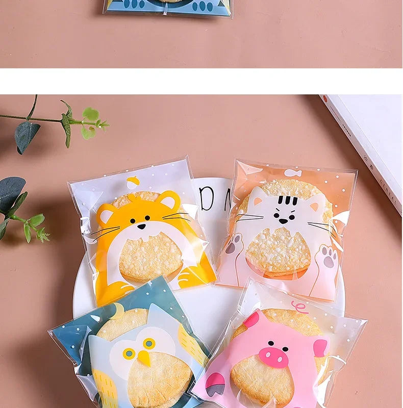 100Pcs Plastic Transparen Cartoon Candy Cookie Plastic Bags Self-Adhesive For Biscuits Snack Baking Package Kids Gift DIY