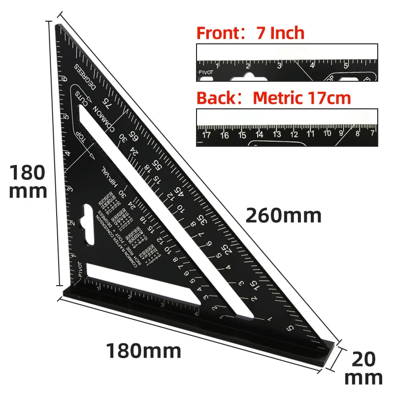 7" Aluminum Alloy Try Square & Triangle Ruler — Carpenter Measuring Tool