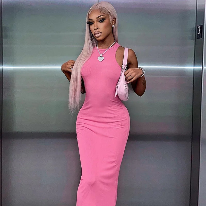 Hugcitar Ribbed Sexy Y2K Clothes Sleeveless Bodycon Maxi Dresses For Women Club Birthday Party Streetwear Elegant Outfits