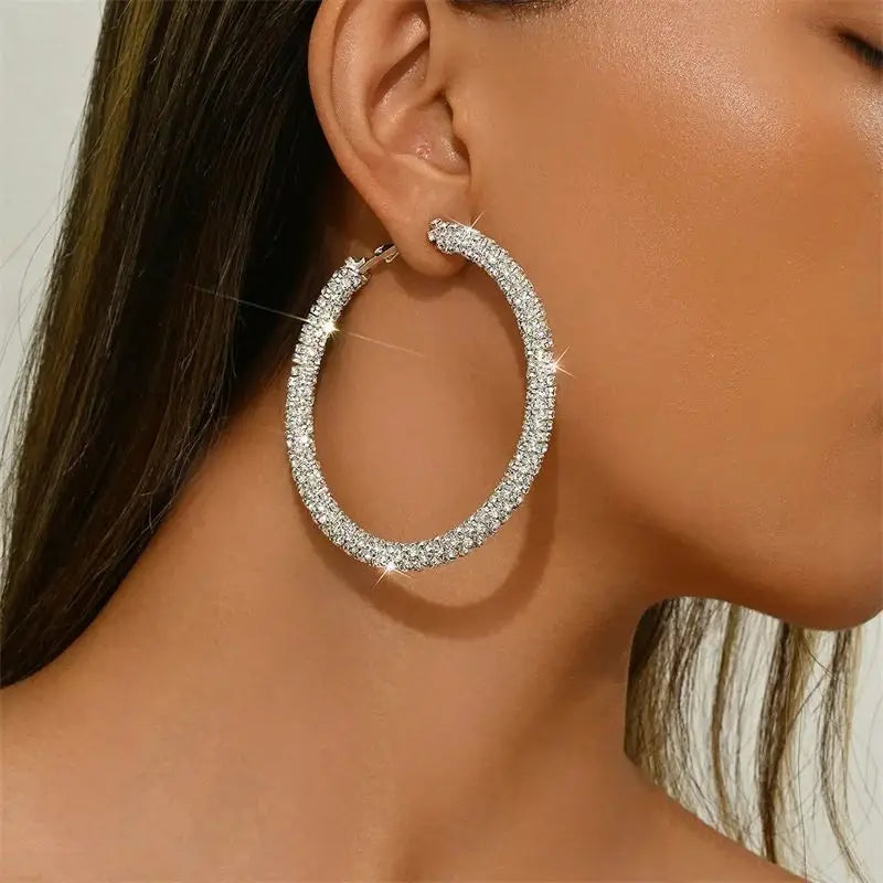 Women's Big Full Crystal Circle Hoop Earrings Fashion Party Wedding Accessory Boucle Oreille Femme Classic round Metal Earrings