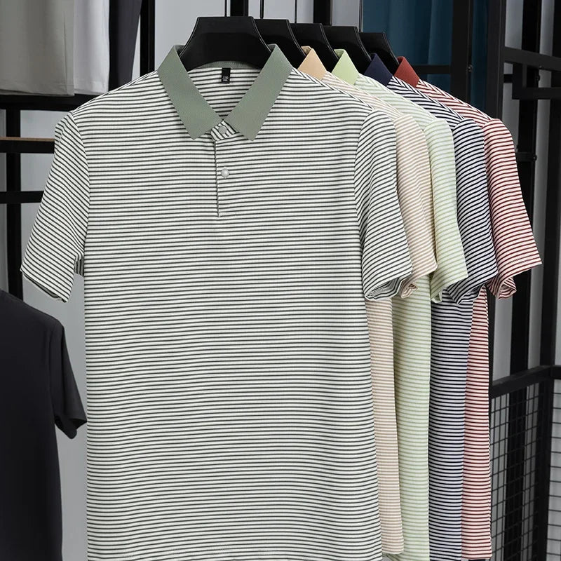 Men's Fine-Stripe Lapel Polo - Breathable Mesh, Soft Stretch