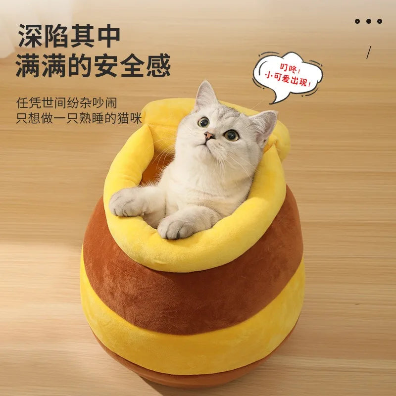 Cat Bed Warm Comfortable Kennel Nest Pet Cat Bed Soft Removable Cushion Nonslip Bottom Cartoon Washable House Honey Pot Cave