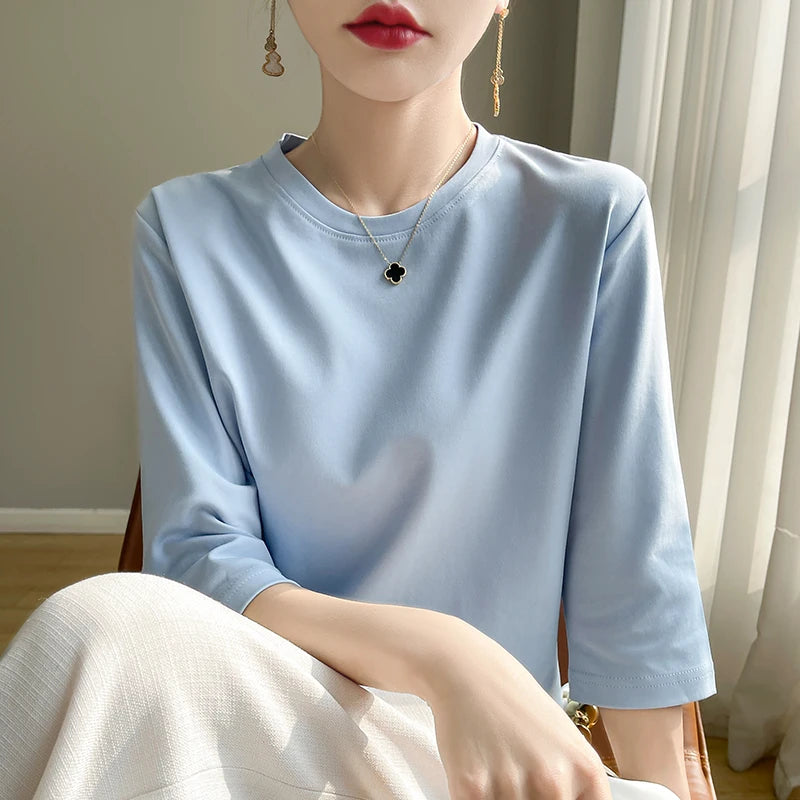 Women's Mercerized Cotton T-Shirt — Loose Round-Neck Half-Sleeve Top