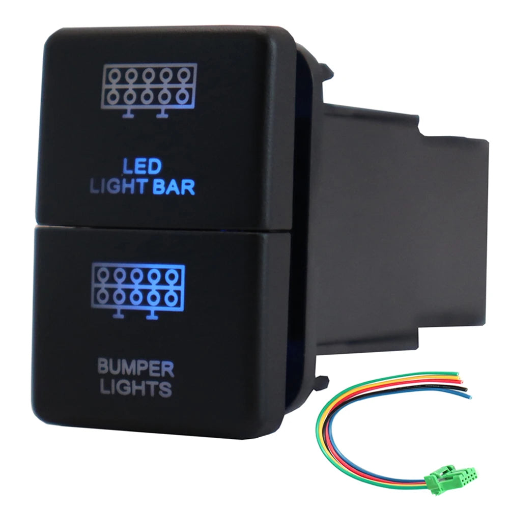 12V Dual Push Button Switch ON-Off Blue/Green Backlit 32.5mm X 22mm for Toyota 4Runner Hilux Prado RAV4, with Connector Wire