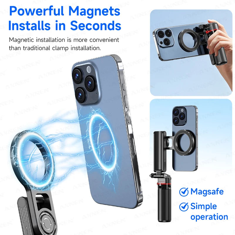 Mini Magnetic Selfie Stick Tripod Removable Remote Control Quadrapod Holder 360° Rotation for iPhone 16 15 14 13 12 Vlog Live