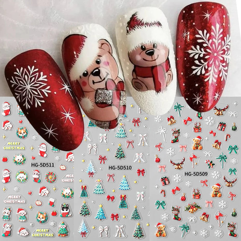 5D Embossed Cartoon Bear Snowflake Nail Stickers Christmas Trees Bow Self-Adhesive Decals for Nails Winter Christmas Nail Decor