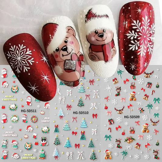 5D Embossed Bear and Snowflake Christmas Nail Stickers - Self-Adhesive Decals