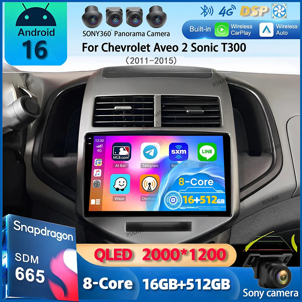 Android 16 CarPlay Auto Car Radio Multimedia Player For Chevrolet Aveo 2 Sonic T300 2011-2015 Navigation GPS 2din Stereo Audio