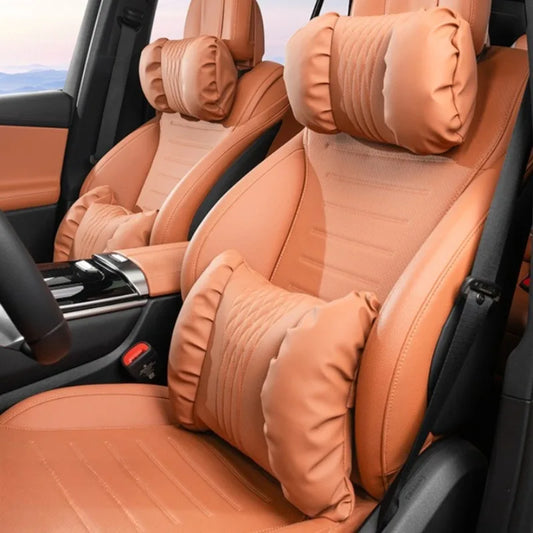 Nappa Leather Car Headrest & Lumbar Support Cushion – Soft Neck Pillow & Waist Pillow Set