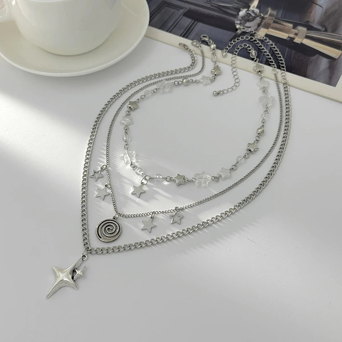 Stainless Steel Spiral Pendant Necklace — Layered Star Choker