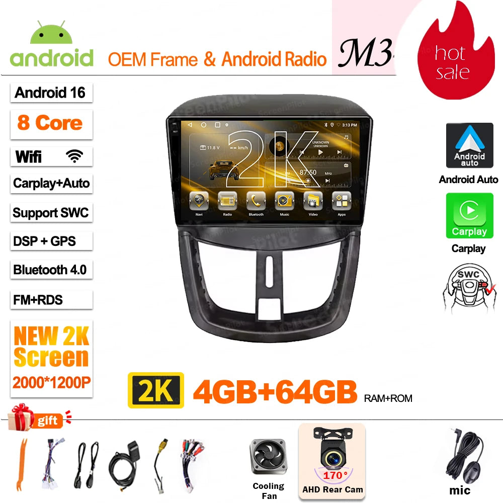 9" Android Car Stereo for Peugeot 207 & 207CC (2006–2015) — Wireless Android Auto, CarPlay, GPS, WiFi