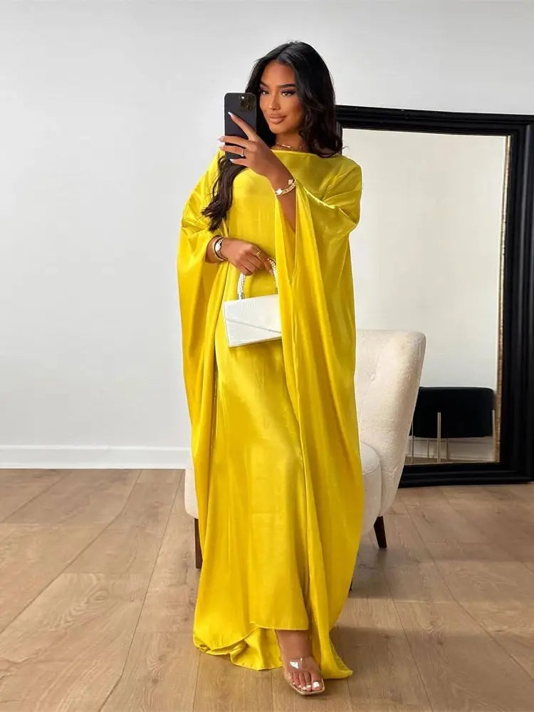 Shimmer Batwing Satin Abaya – Luxury Muslim Kaftan Dress for Eid & Ramadan