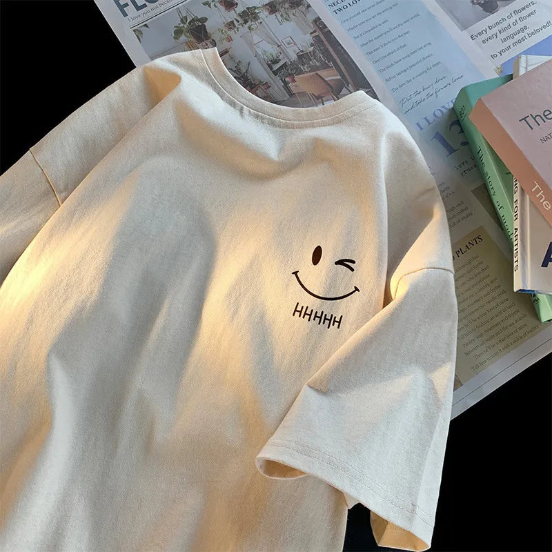 Smiley Face Print T-Shirt — Unisex Oversized Casual Short-Sleeve Tee