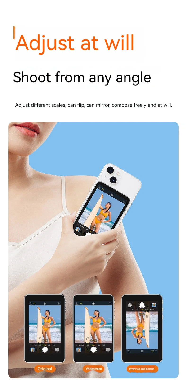 Magnetic Phone Selfie Monitor Screen,For IPhone And Android Smartphones Rear Camera For Real-time Selfie Video Streaming