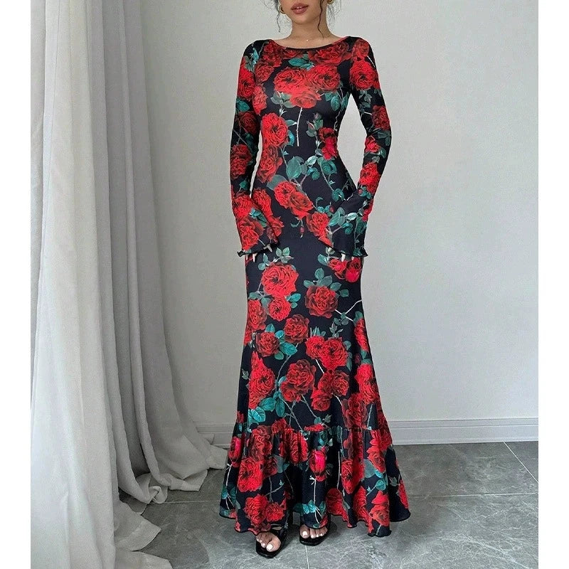 Elegant Rose Print Fishtail Maxi Dress – Long Sleeve