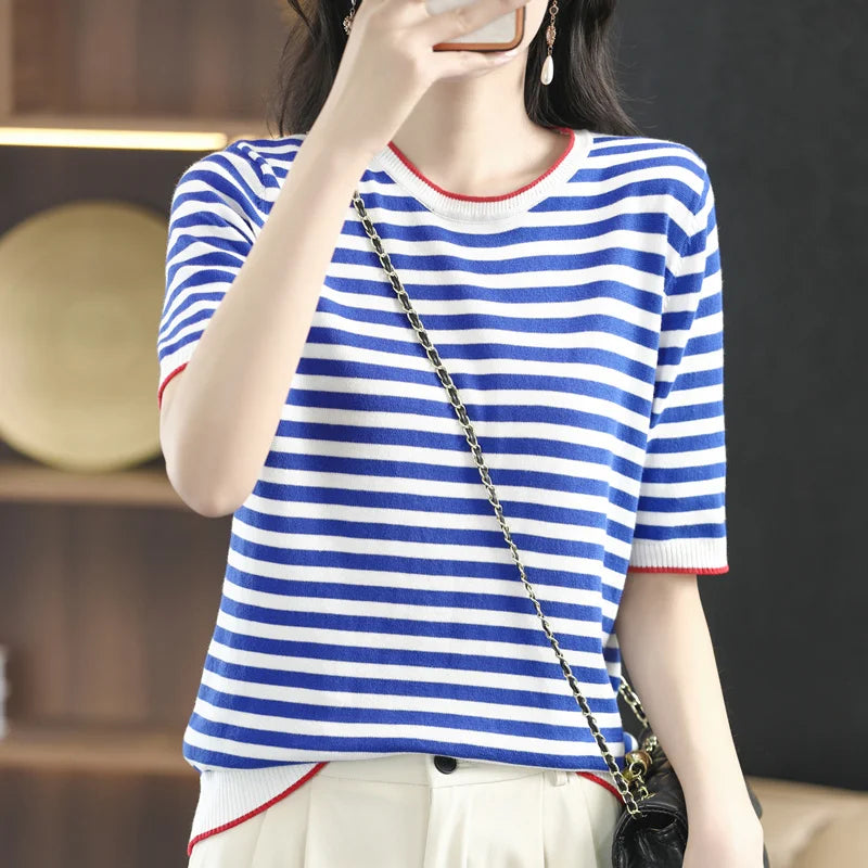 Pure Cotton Hollow Short-Sleeved Ladies Spring And Summer Loose Slim New Joker Knit Bottoming T-Shirt