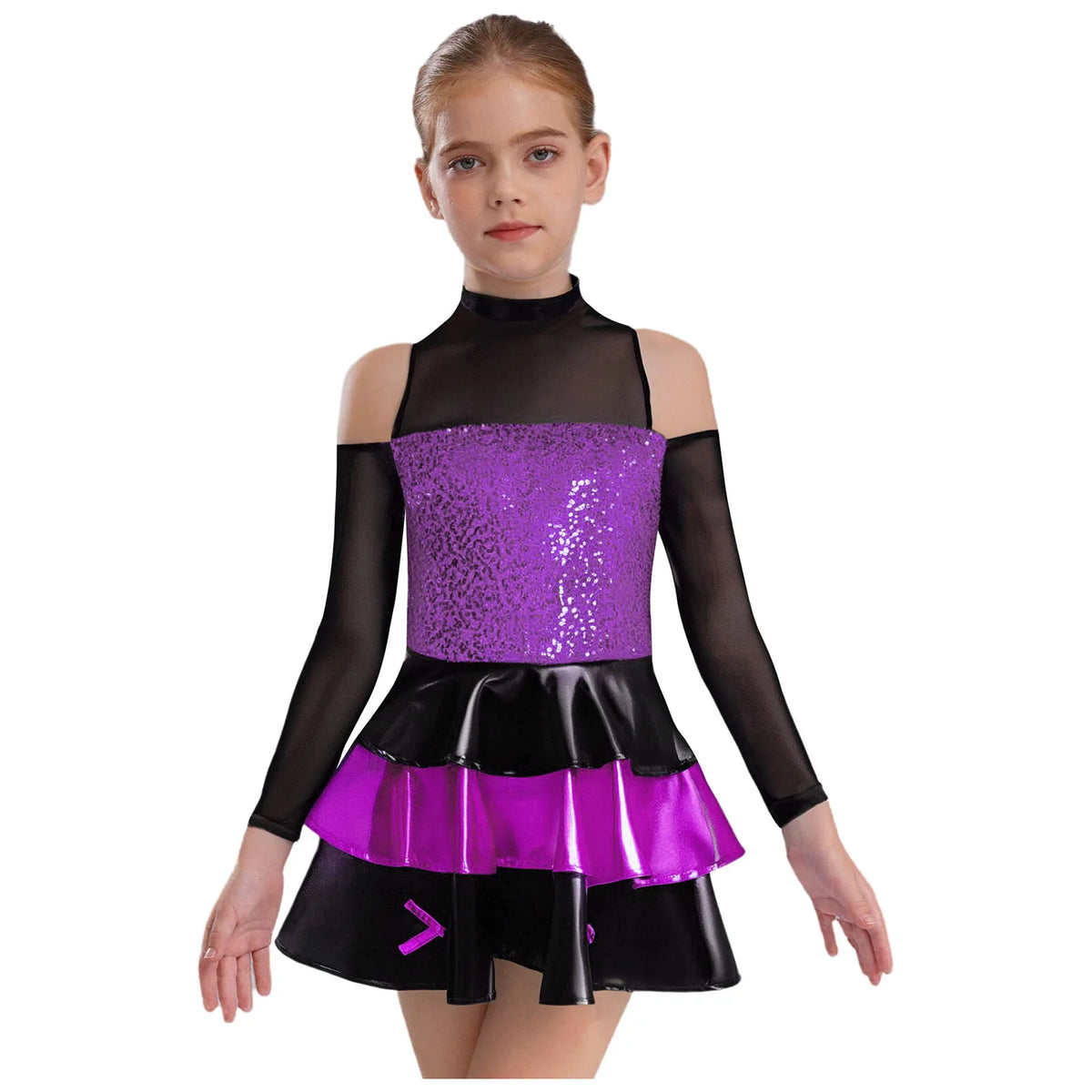 Girls cold-shoulder sequin tiered jazz dress