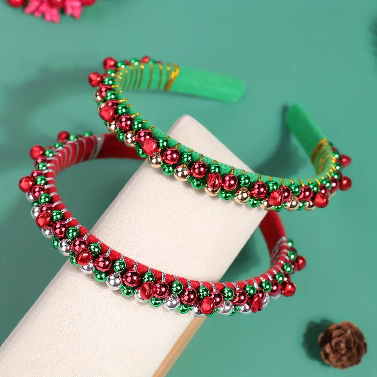 Festive Christmas Headband with Red & Green Beads, Golden Accents & Bell Charms - Hand-Wrapped Polyester Party Accessor