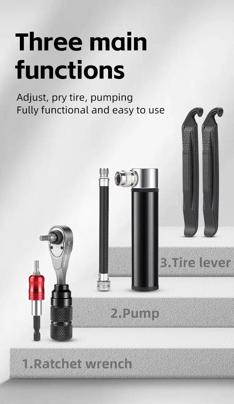 WEST BIKING Professional Bike Tools Portable Ratchet Wrench kit Tire Lever Mini Pump Multifunction Tools Road Bike MTB Accessory