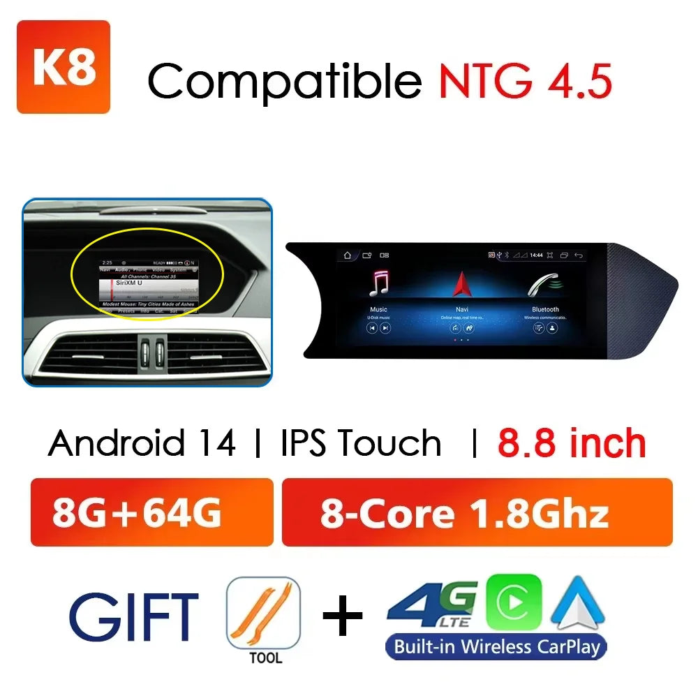 Android 14 Auto Radio Wireless Carplay For Mercedes C Class W204 2011-2014 Car Multimedia Player BT WIFI SIM Stereo GPS