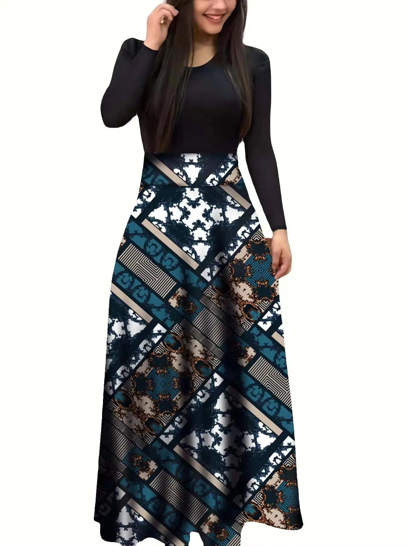 2025 European and American style flower print color matching short sleeved dress for women's large swing skirt