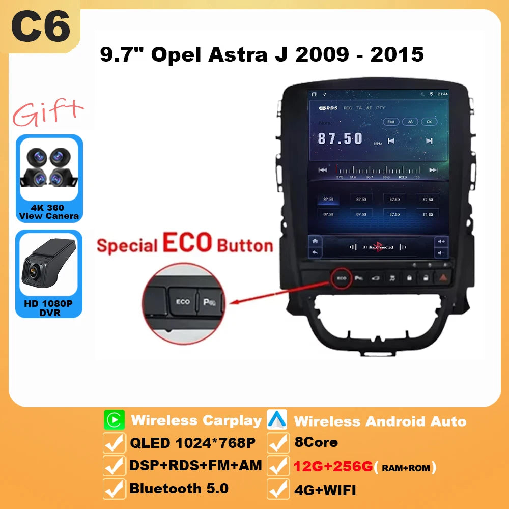 9.7 inch For Opel Astra J 2009-2015 Android 16 Car Radio Multimedia Video Player GPS Tesla Model wireless android Auto WIFI 4G