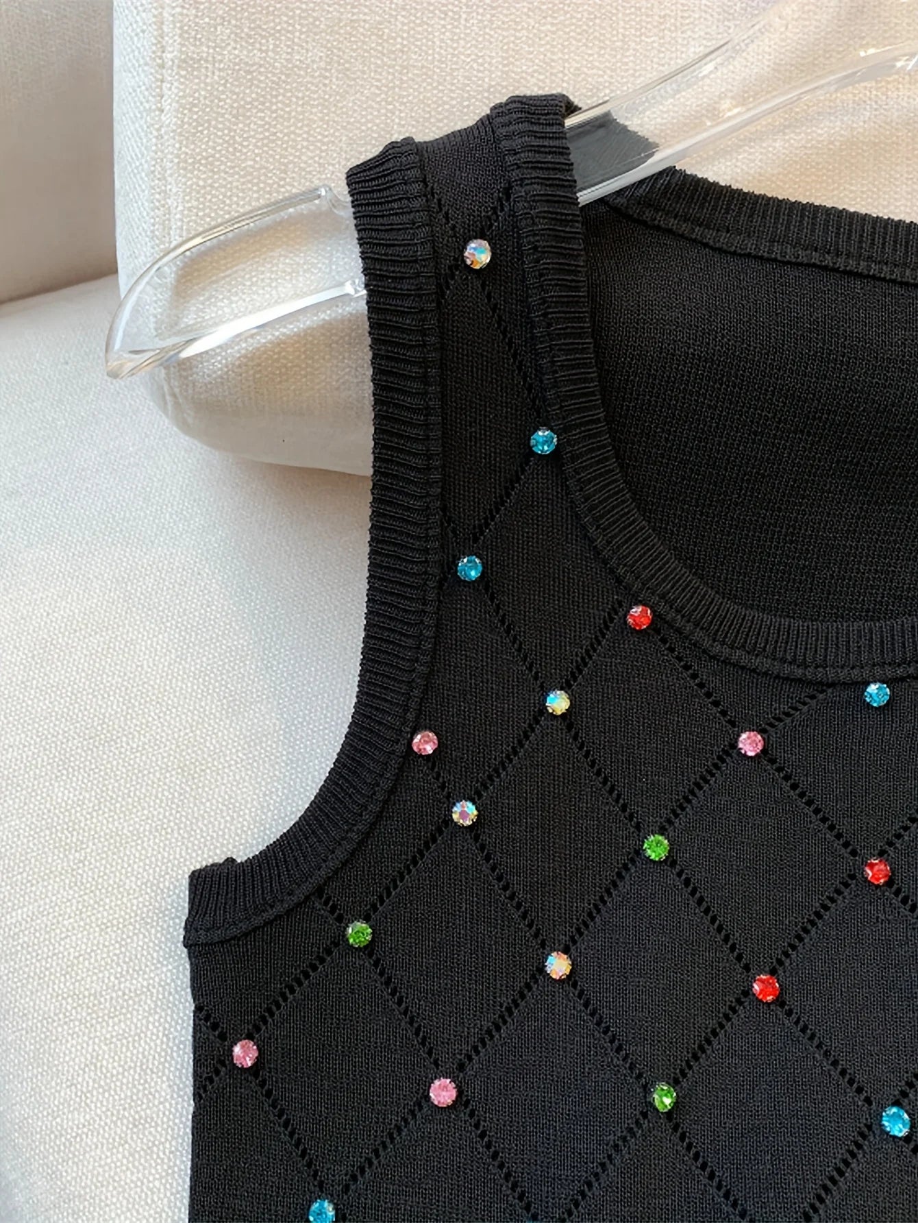 Colorful Rhinestone Knitted Tank Top Casual Crew Neck Sleeveless Tank Top For Summer  Women's Clothing Crop Top Camis