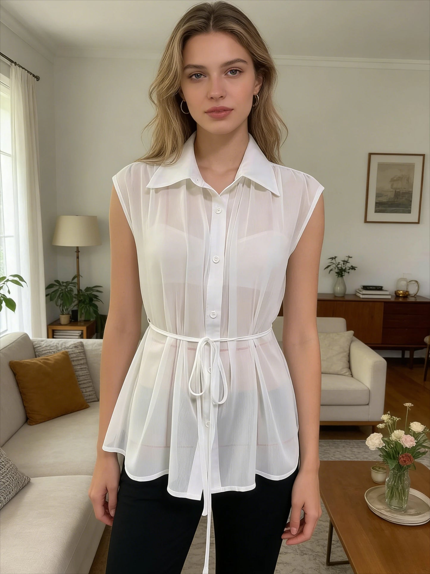 Women's White Sheer Sleeveless Blouse 2026 Turn Down Collar Button Down Belted Waist Peplum Top Casual Office Summer Shirt