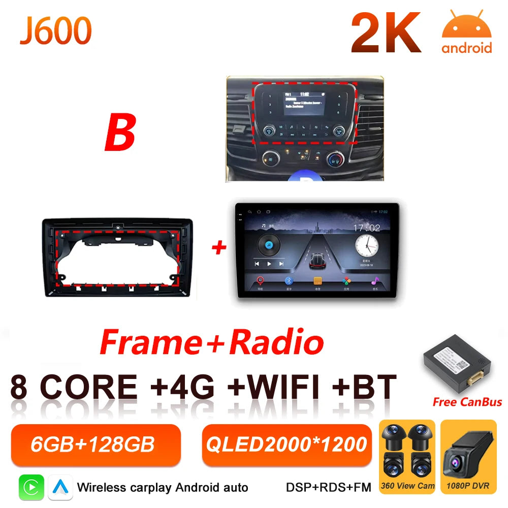 Android 16 Auto Car Radio For Ford Transit Custom 350 Transit V363 Wireless Carplay Multimedia Player GPS Navigation DSP 5G Wifi