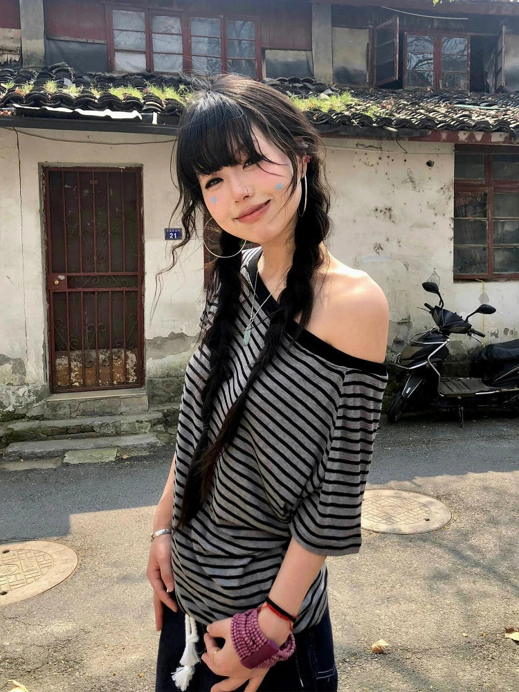 Tonngirls Y2K Striped Off-Shoulder Tee - Women's Grunge Streetwear Top