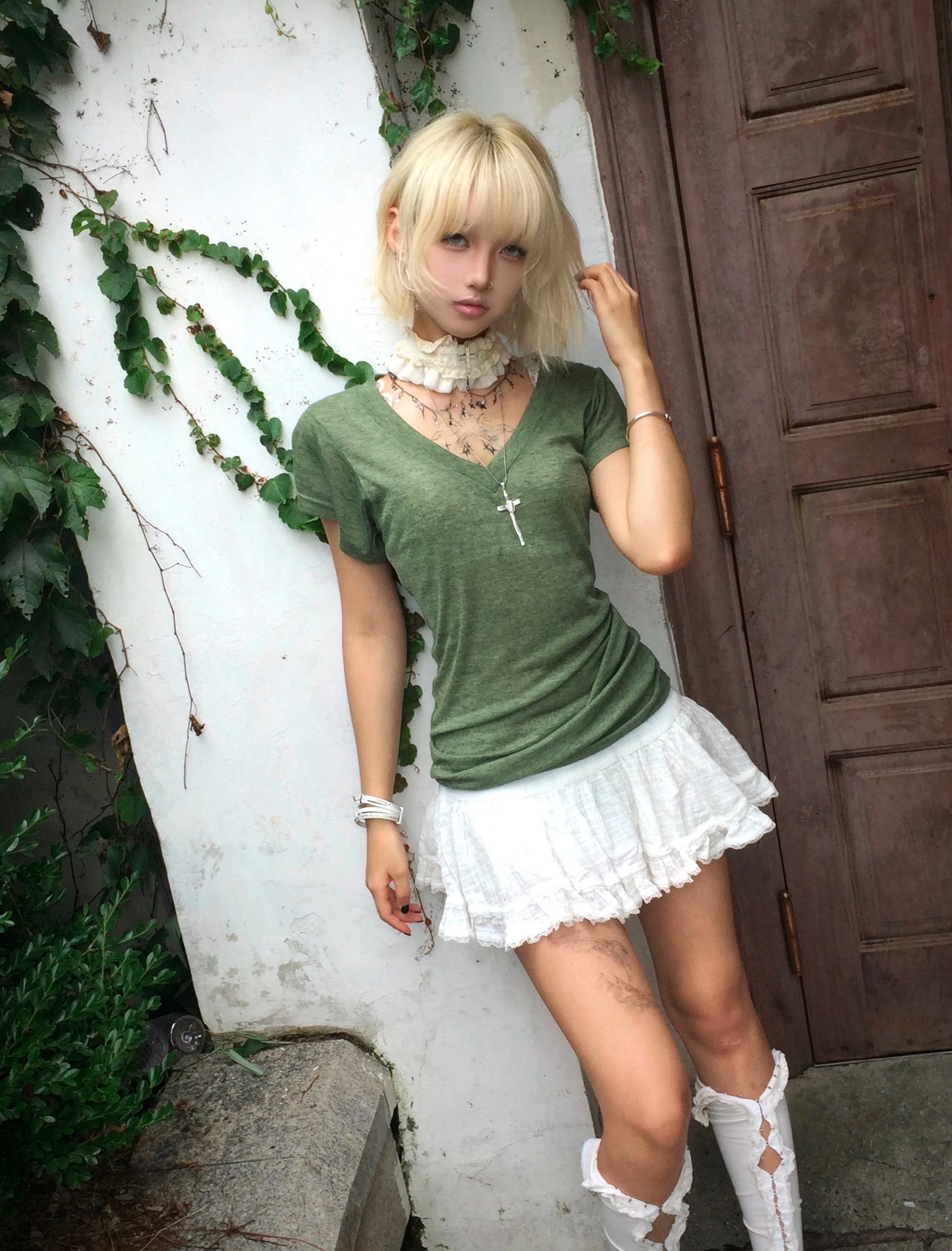 Karrram Japanese Y2k Green Knitted T-shirt Trashy 2000s Style V-neck Top Vintage Harajuku Short Sleeve Tee Shirt American Retro