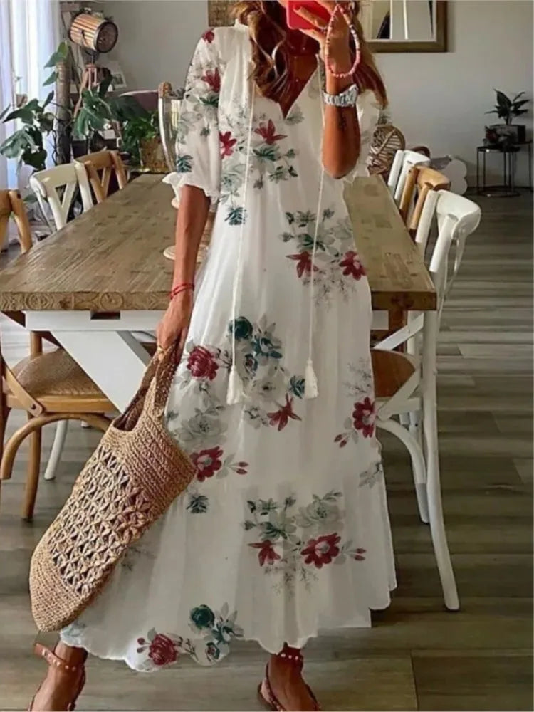 2026 Women Vintage Print Bohemian Dress Summer Fashion V Neck Half Sleeves Long Dresses Female Casual Holiday Beach Dresses