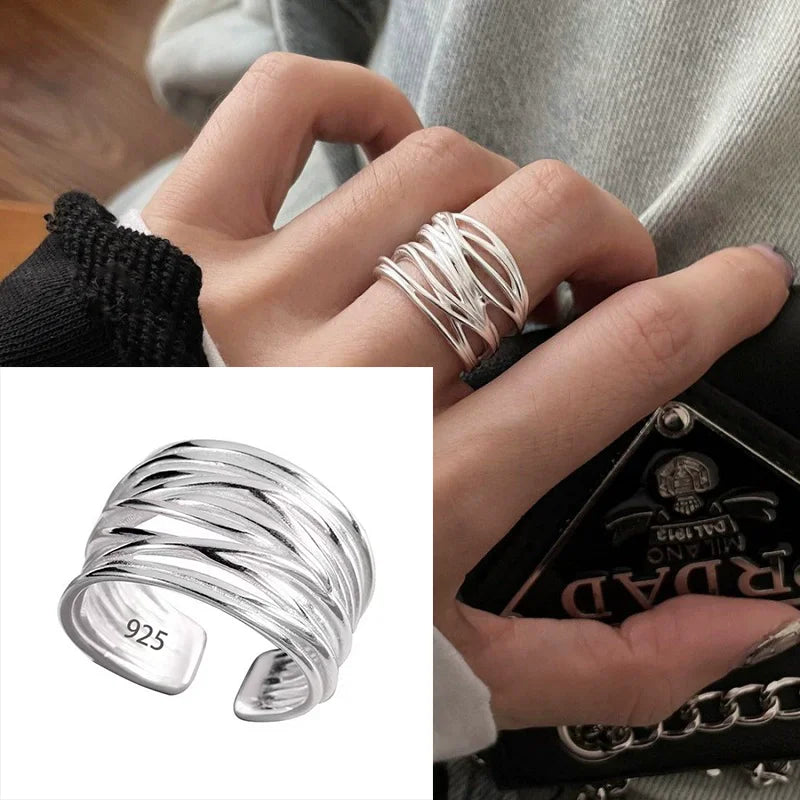 PANJBJ 925 Sterling Silver Hollow Out Rings For Women Three Layered Cross Punk Irregular Vintage Jewelry Gift Dropshipping