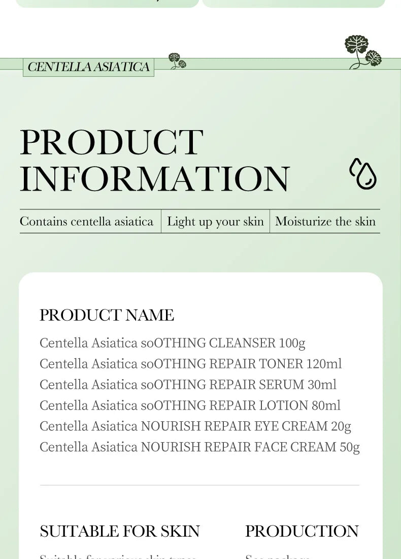 6pcs/set BIOAQUA Centella Skin Care Sets Moisturizing Anti-Aging Face Facial Cleanser Face Cream Serum Eye Cream Skin Care Kit