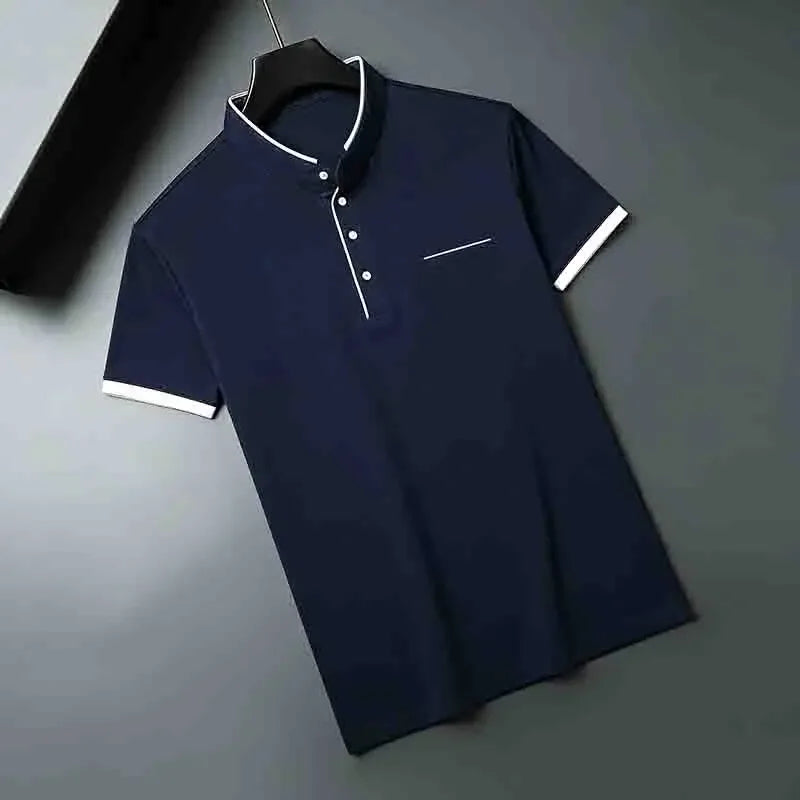 Men's Mandarin Collar Polo - Short Sleeve Pocket, All-Season Pullover