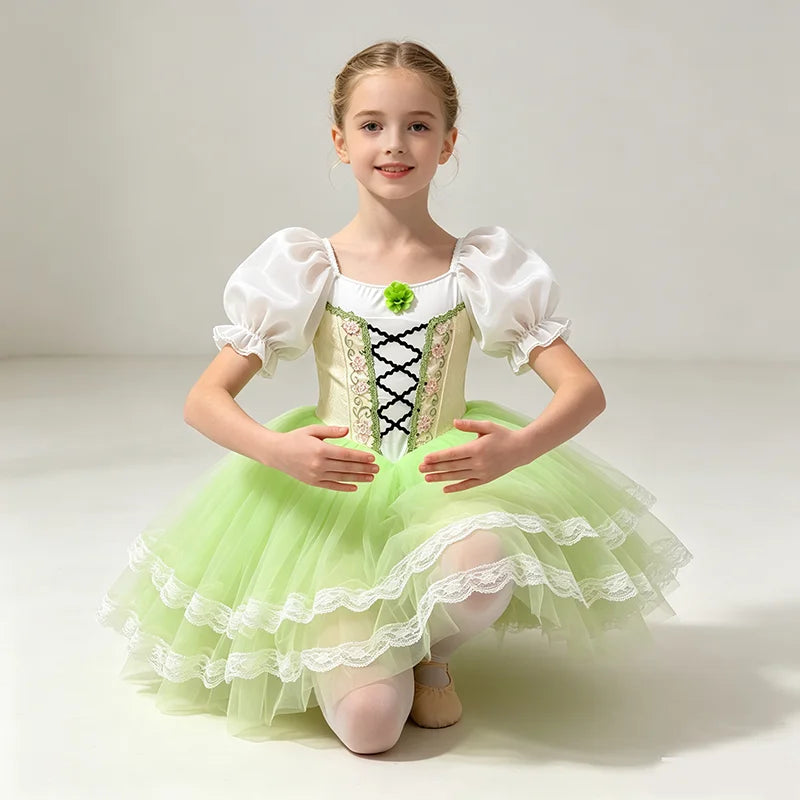 Girls green puff-sleeve ballet tutu dress