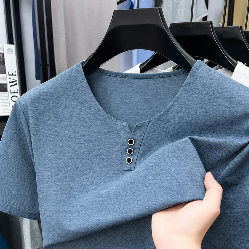 Men's Split V-Neck Tee - Three Metal Buttons, Breathable Slim Fit
