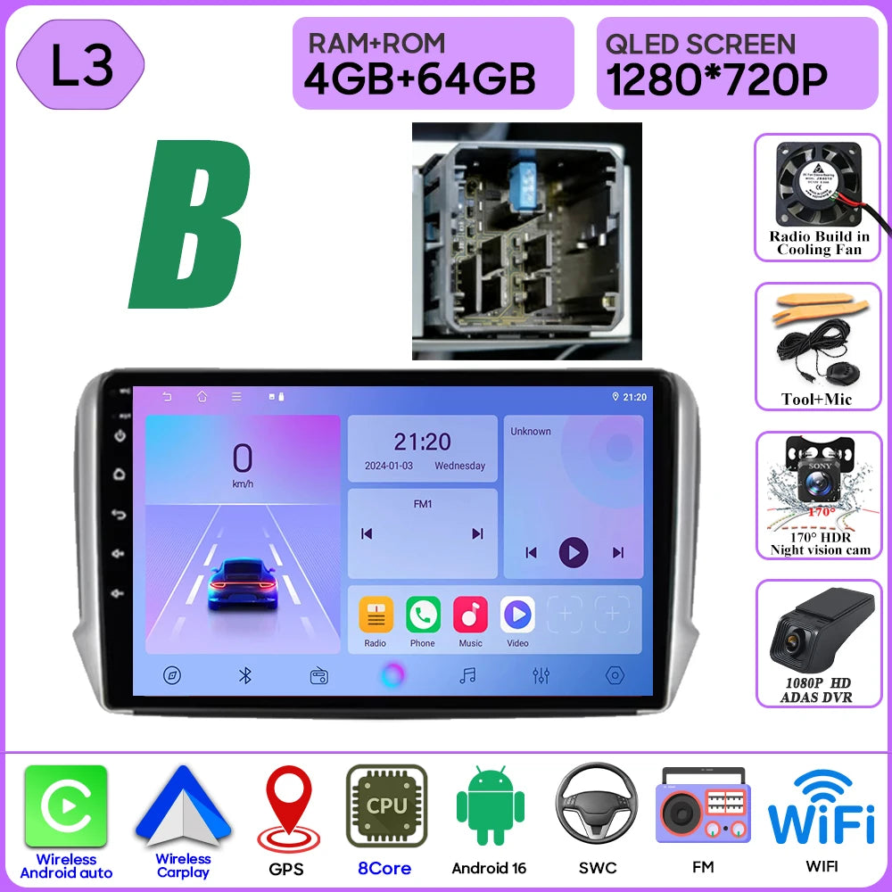 Android 16 GPS Navigation For Peugeot 2008 208 Series 2012 - 2018 Carplay Car Radio Multimedia Player Stereo Video BT 2k Screen