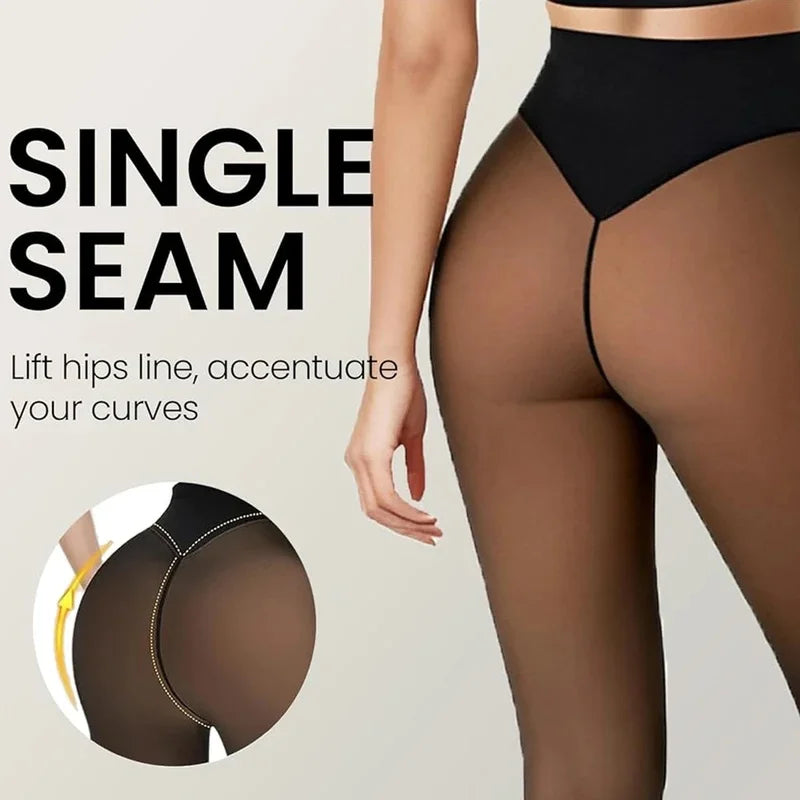 One-Seam Fleece Lined Tights - Sheer-Look Thermal Leggings, Plus Size - photo 4