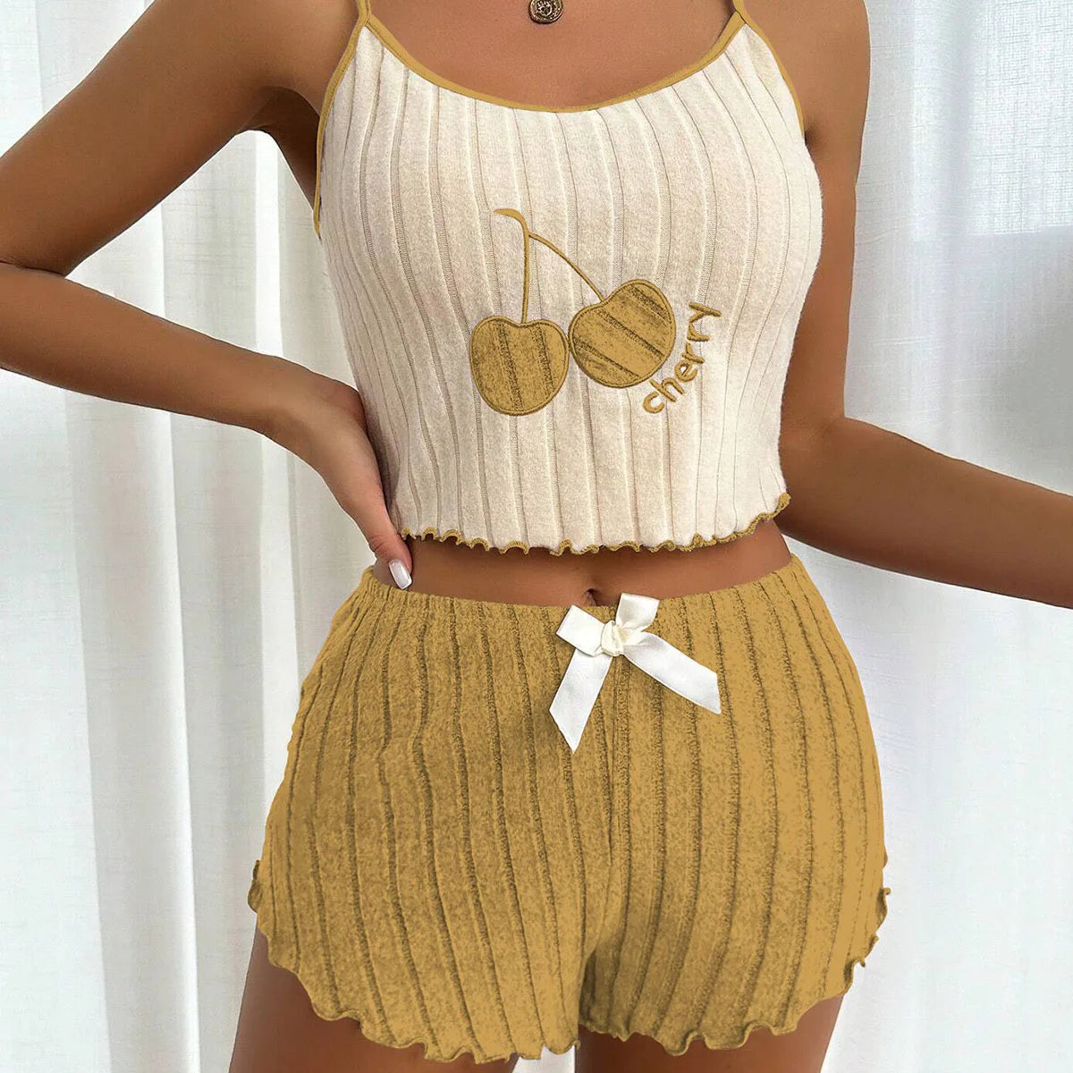 Summer 2pcs Pajamas Set for Women Casual Simple Ground Wool Halter Vest Shorts Set Home Wear Sleepwear Loungerwear