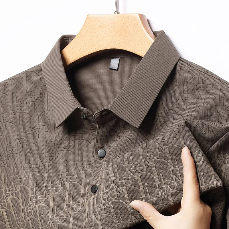 Men's Embossed Letter Polo - Lightweight Breathable Mesh, Lapel