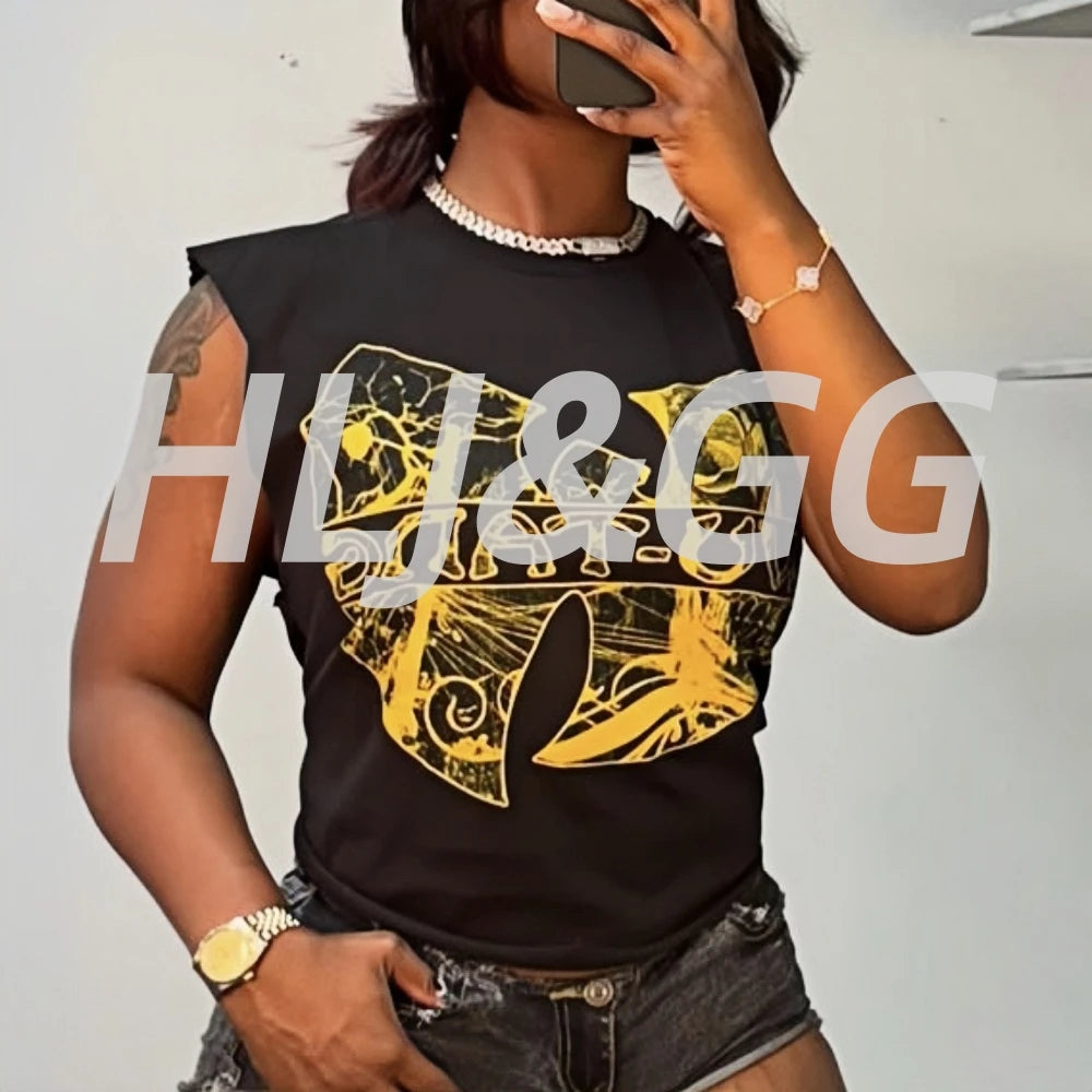 HLJ&GG Black Fashion Graphic Printing Loose T Shirts Women Round Neck Sleeveless Tops Summer New Female Hip Hop Streetwear 2025