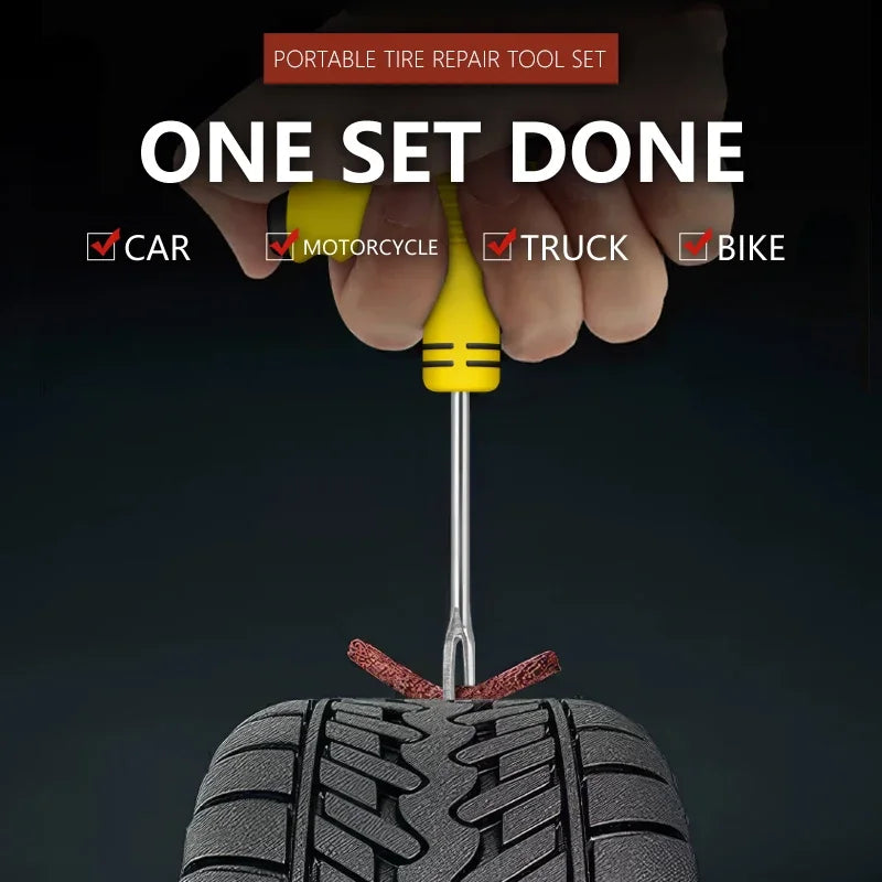 Car Tire Repair Kit for Tubeless Tires: Rubber Strips, Glue & Plug Tools - Auto/Motorcycle Puncture Maintenance
