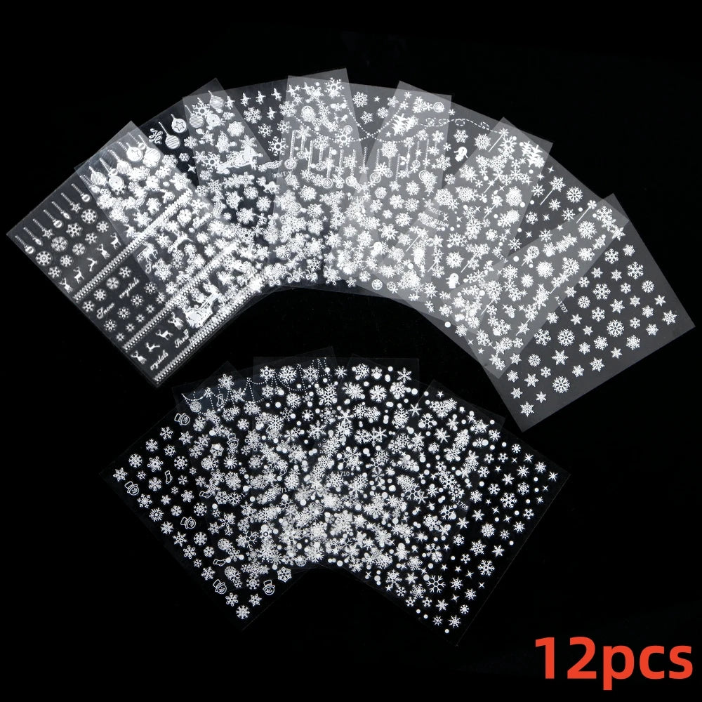 12pcs 3D Snowflake Nail Stickers Red Christmas Designs Nail Art Decals Geometric Lines New Year Winter Gel Foils Sliders Decors*