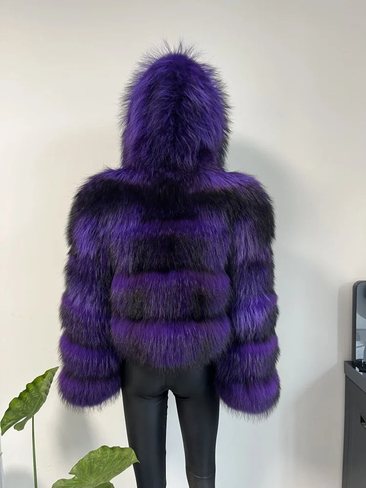 Women's Hooded Raccoon Fur Coat, Turn-Down Collar