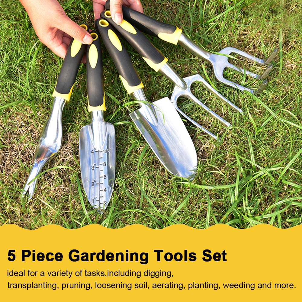 MMAlto 5-Piece Garden Tool Set – Hand Trowel, Cultivator, Weeder, Transplanter & Weeding Fork | Ergonomic Aluminum Handle