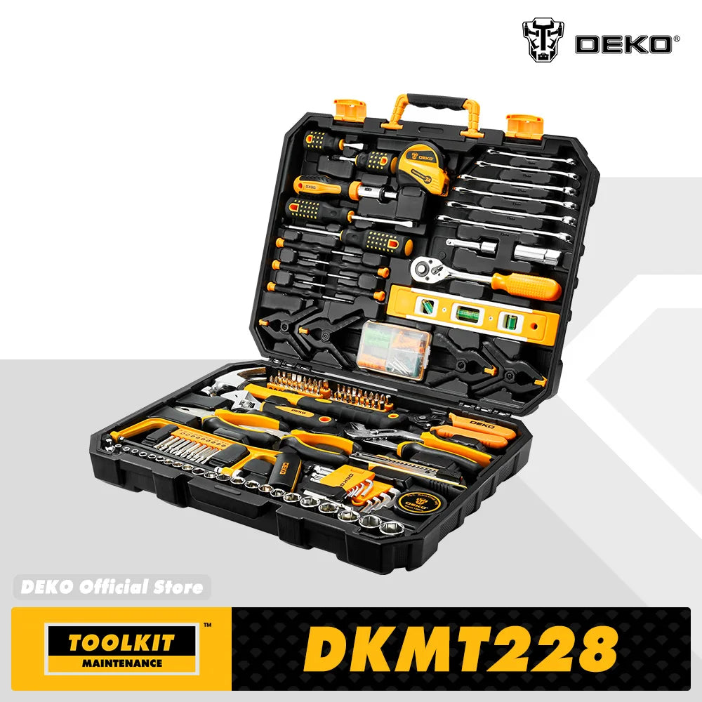 DEKOPRO 228-Piece Home Tool Kit – Socket Wrench Set, Hand Tools & Auto Repair Combination with Plastic Toolbox Storage Case