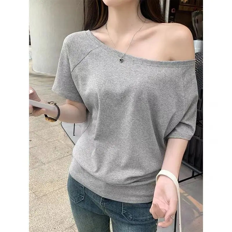 Women's Solid Skew-Collar T-Shirt — Slim-Fit Short-Sleeve Summer Tee