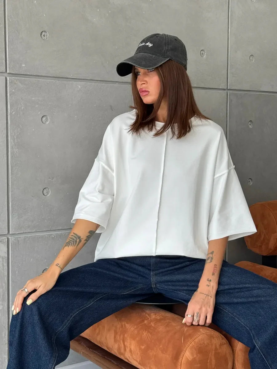 Hirsionsan Summer Casual Oversized T-shirts Women 100% Cotton Pink Loose Tees 2026 New Cusual Solid O Neck Female Aesthetic Tops