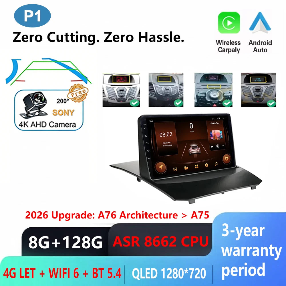Android Car Stereo for Ford Fiesta MK6/MK7 (2009–2017) — Wireless CarPlay, Android Auto, GPS, 5G WiFi